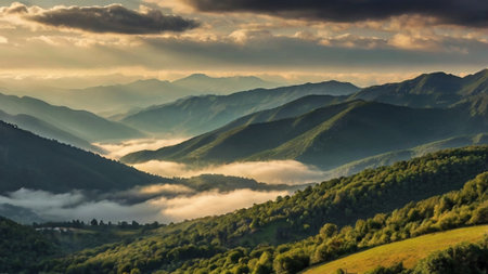 Mountain landscape with fog in the morning. Carpathian, Ukraine