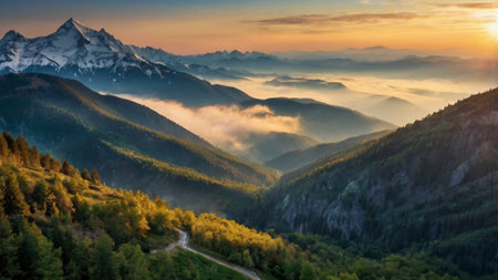 Mountain landscape at sunrise. View from the top of the mountain.
