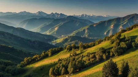 Panoramic view of the Caucasus mountains in Kabardino-Balkaria, Russiaの写真素材