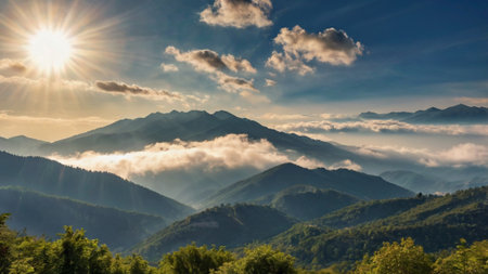 Mountain landscape with clouds and sun. Beautiful summer panorama.