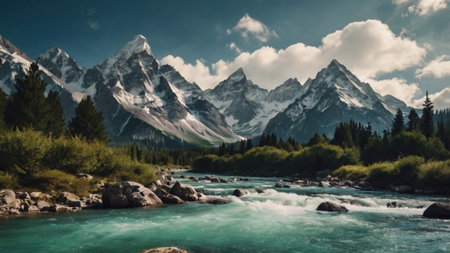 Panoramic view of the mountain river in the Altai mountainsの写真素材