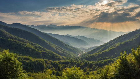 Mountain landscape with sunbeams in the morning. Caucasus Mountains, Georgia.