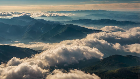 Aerial view of the mountains and clouds in the morning. Beautiful landscapeの写真素材