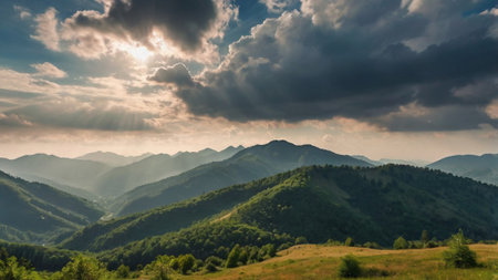 Mountain landscape with clouds and sunbeams. Ukraine, Carpathians