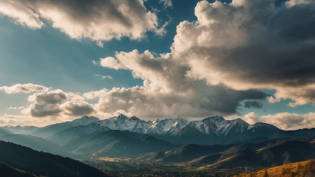 Mountain landscape with clouds and blue sky. Panoramic view.の写真素材