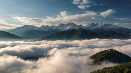 Panoramic view of the mountains in the clouds. Caucasus, Georgia.