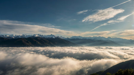 Mountain landscape with fog in the morning. Caucasus Mountains, Georgia.の写真素材