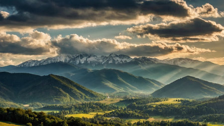 Majestic sunset in the mountains landscape. Dramatic sky. Carpathian, Ukraine, Europe. Beauty world.の写真素材