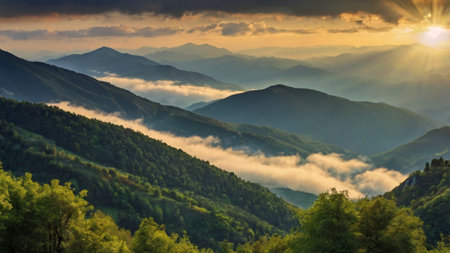 Sunset in the mountains. Beautiful summer landscape in the mountains.