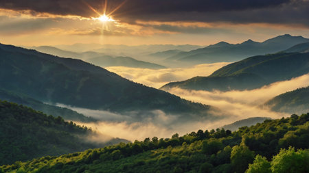 Mountain landscape with fog in the valley at sunset. Carpathian, Ukraine