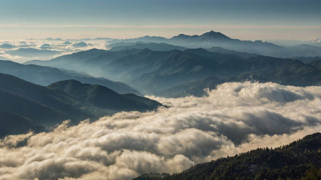 Mountain landscape with fog in the morning. Caucasus Mountains, Georgia.