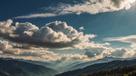 Mountain landscape. Panoramic view of the mountains and the clouds.の写真素材