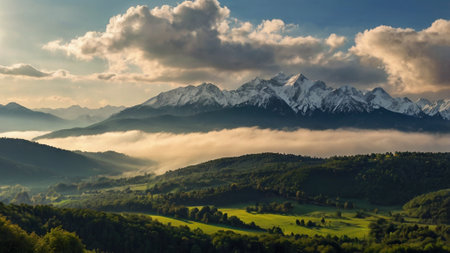 Panoramic view of the mountains in the fog at sunrise.の写真素材