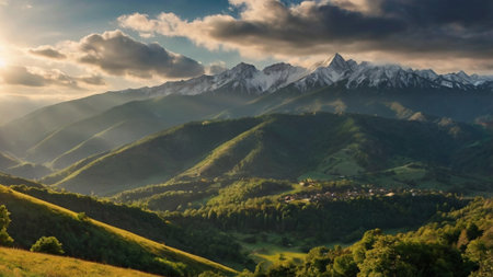 Beautiful summer landscape in the mountains. Panoramic view.の写真素材