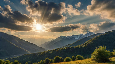 Sunset in the mountains. Beautiful summer landscape with green grass and mountains.