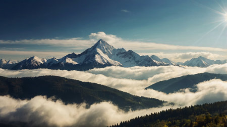 Panoramic view of the snowy mountains in the clouds.