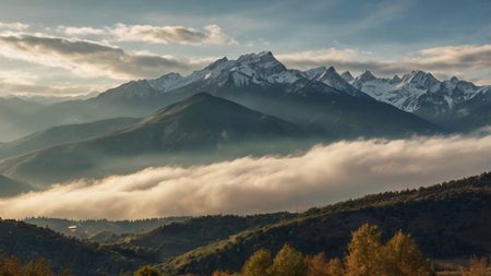 Mountains in the fog at sunset. Caucasus Mountains, Georgia.