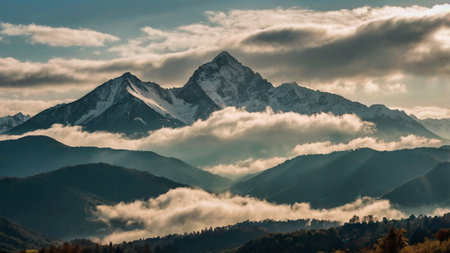 Mountain landscape with snow-capped peaks in the clouds.