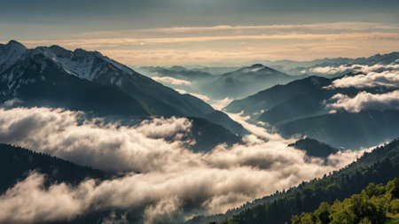 Panoramic view of the mountains covered with fog in the morning