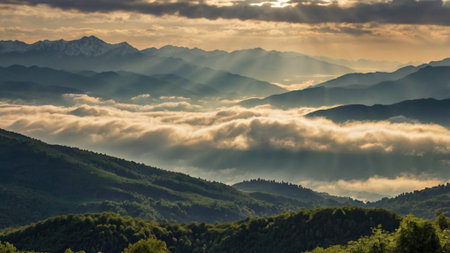 Majestic sunset in the mountains landscape. Dramatic sky.