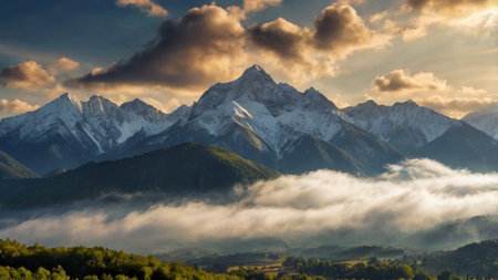 Mountain landscape with clouds and fog at sunset. Caucasus Mountains, Georgia.の写真素材
