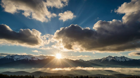 Sunset over the snow-capped peaks of the Caucasus Mountainsの写真素材