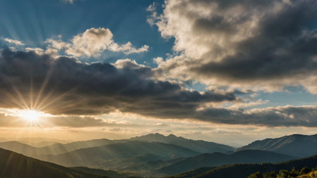 Sunset in the mountains. Panoramic view of the Carpathian Mountains.の写真素材