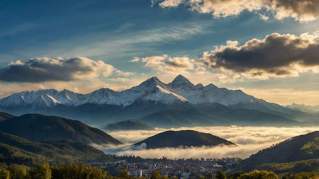 Panoramic view of the mountains covered with clouds at sunset.の写真素材