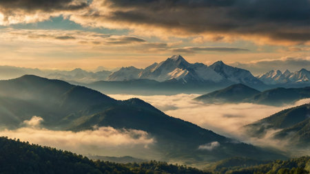 Majestic sunset in the mountains landscape. Dramatic sky. Carpathian, Ukraine, Europe. Beauty world.の写真素材