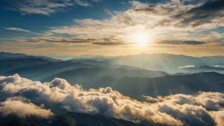 Sunrise over the clouds in the mountains. Panoramic view.の写真素材