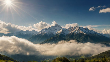 Panoramic view of the Alps in the morning.の写真素材