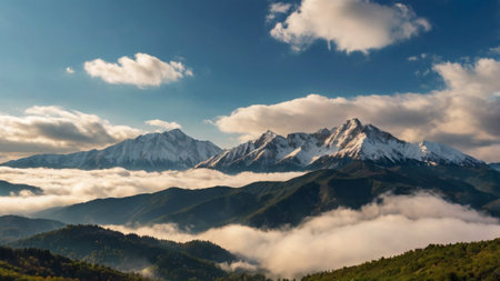 Panoramic view of the mountain range in the clouds. Caucasus, Russiaの写真素材