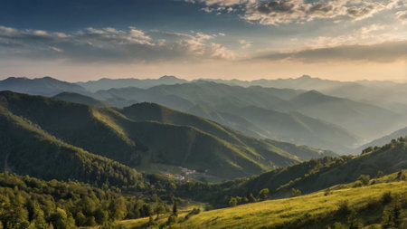 Mountain landscape at sunset in summer. Transylvania, Romaniaの写真素材