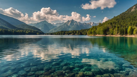 Panoramic view of the mountain lake with crystal clear water.の写真素材