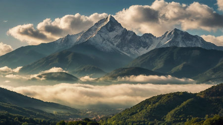 Panoramic view of snow-capped mountains in the cloudsの写真素材