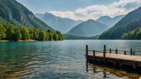 Wooden pier on the shore of a mountain lake in the Alpsの写真素材