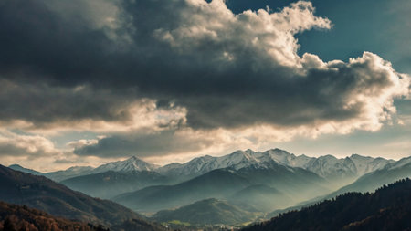 Panoramic view of the mountains and clouds in the sky.の写真素材