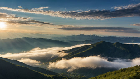 Sunset over the mountains in the clouds. Carpathians, Ukraineの写真素材