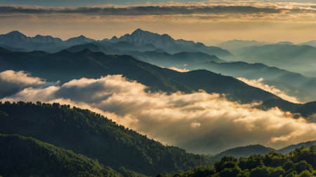 Mountain landscape in the morning with fog. Caucasus Mountains, Georgia.