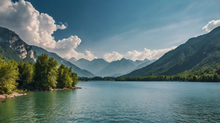 Panoramic view of the lake in the mountains. Beautiful summer landscape.