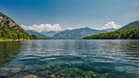Mountain lake with clear water and blue sky. Summer landscape.