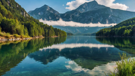 Panoramic view of alpine lake with reflection of mountains in water