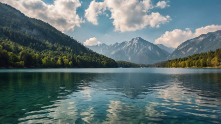 Beautiful alpine lake with reflection of mountains in the water.