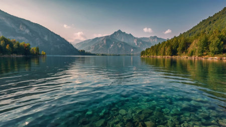 Panoramic view of alpine lake and mountains in the background