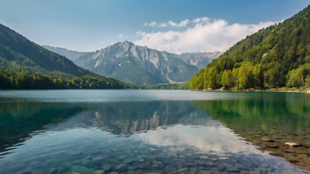 Landscape of alpine lake with reflection in water, Austria.