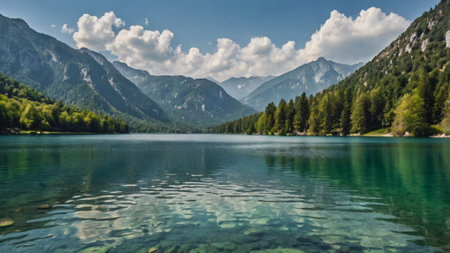 Panoramic view of the alpine lake in the Alps.