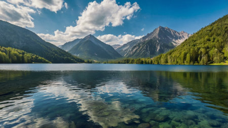 panoramic view of a beautiful alpine lake in the Alpsの写真素材