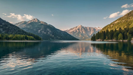 Panoramic view of a mountain lake in the Alps, Austriaの写真素材