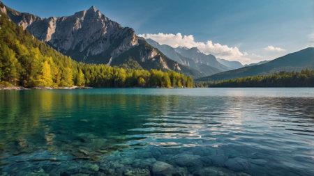 Beautiful alpine lake with crystal clear water and mountains on background