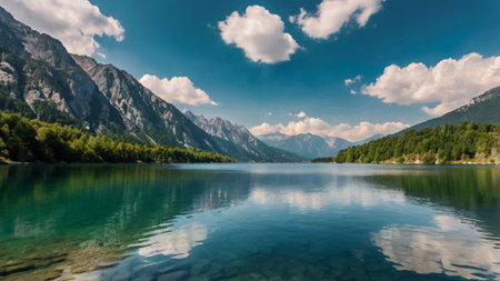 Beautiful alpine lake with reflection in water and mountains in background